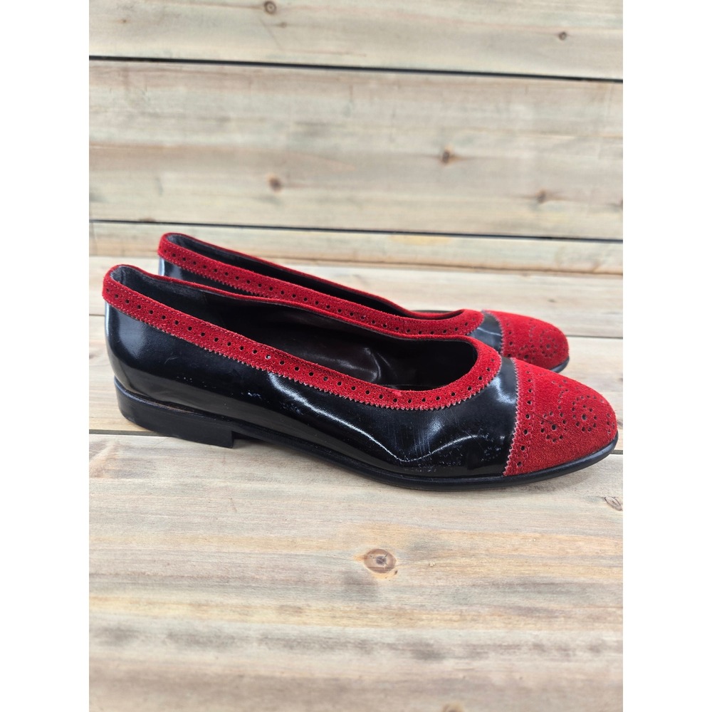 Henri Bendel Italy Black Patent Red Suede Brogue Wingtip Flats Size 40 US 9-9.5